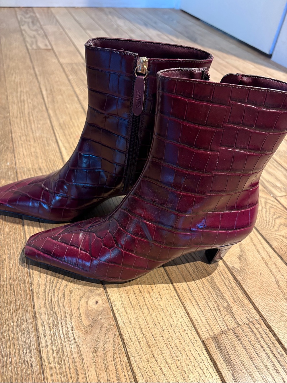 SCHUTZ Burgundy Croc-Embossed Pointed Toe Ankle Boots